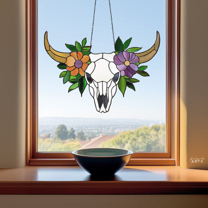 Cow Skull Floral Stained Glass Pattern