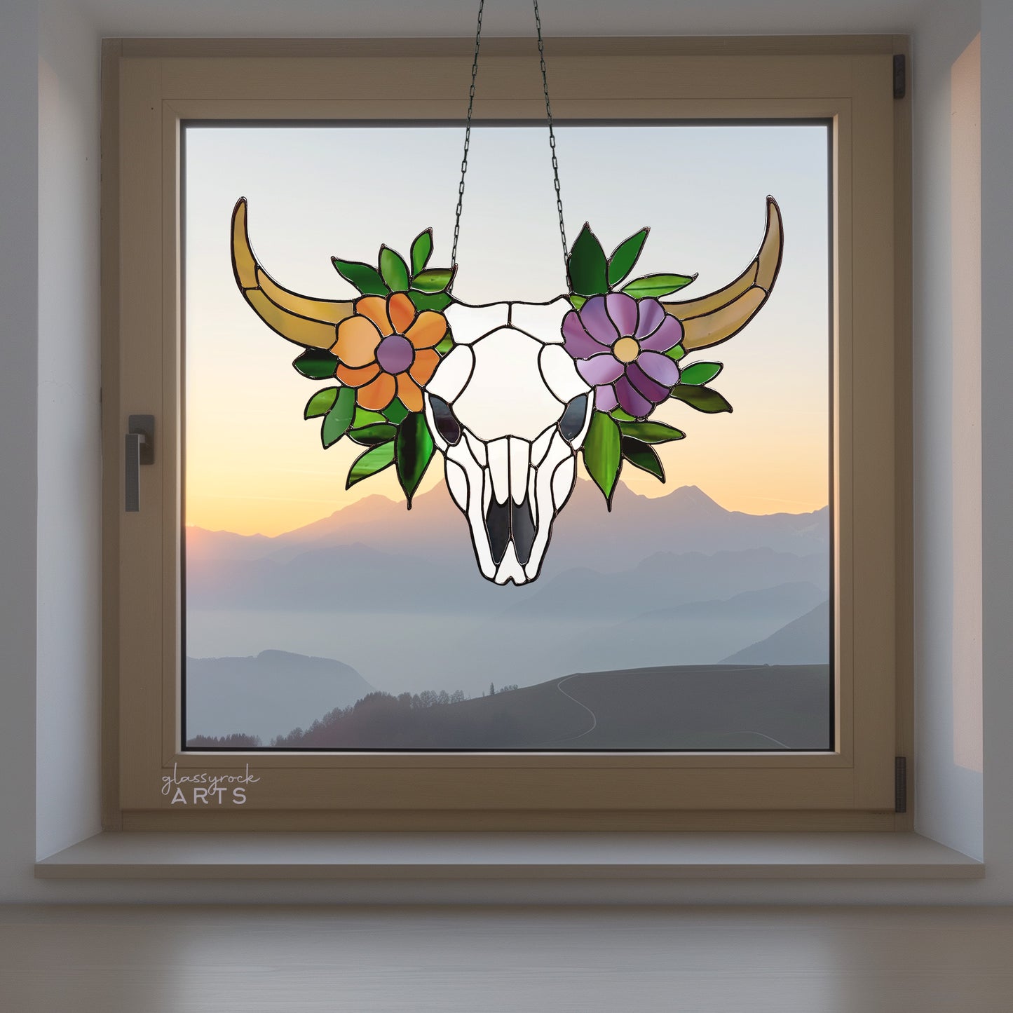 Cow Skull Floral Stained Glass Pattern