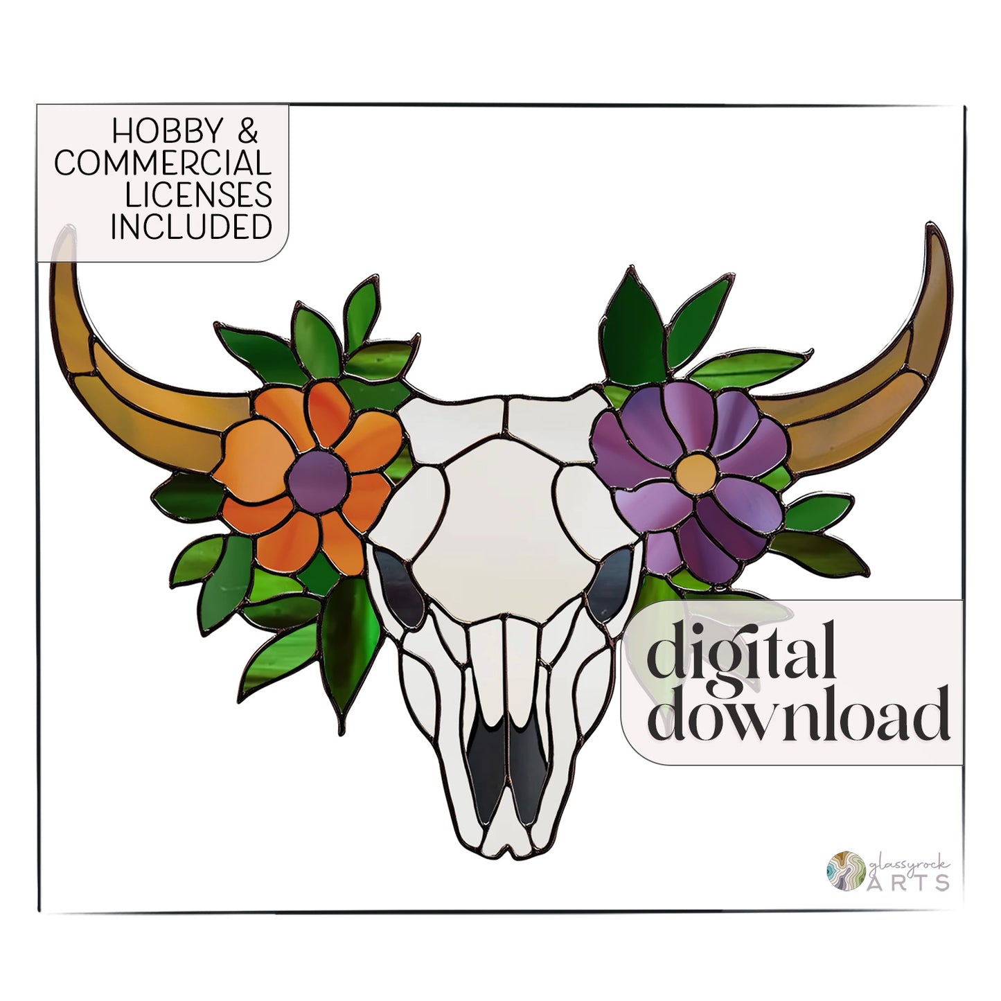 Cow Skull Floral Stained Glass Pattern