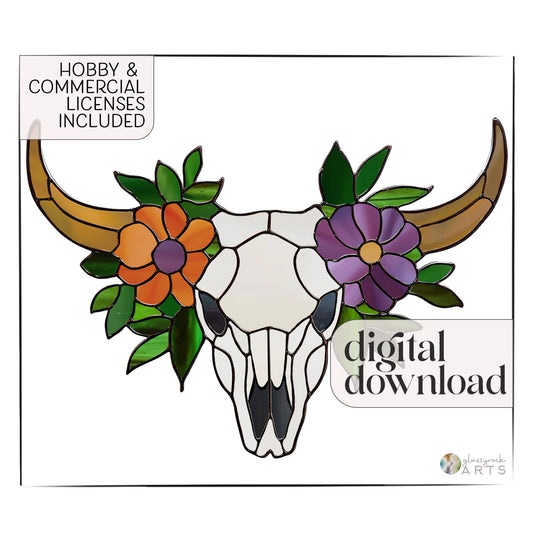 The Cow Skull Floral Stained Glass Pattern features a stained glass cow skull decorated with orange and purple flowers, plus green leaves. Available as a digital download, it includes both Hobby & Commercial Licenses.