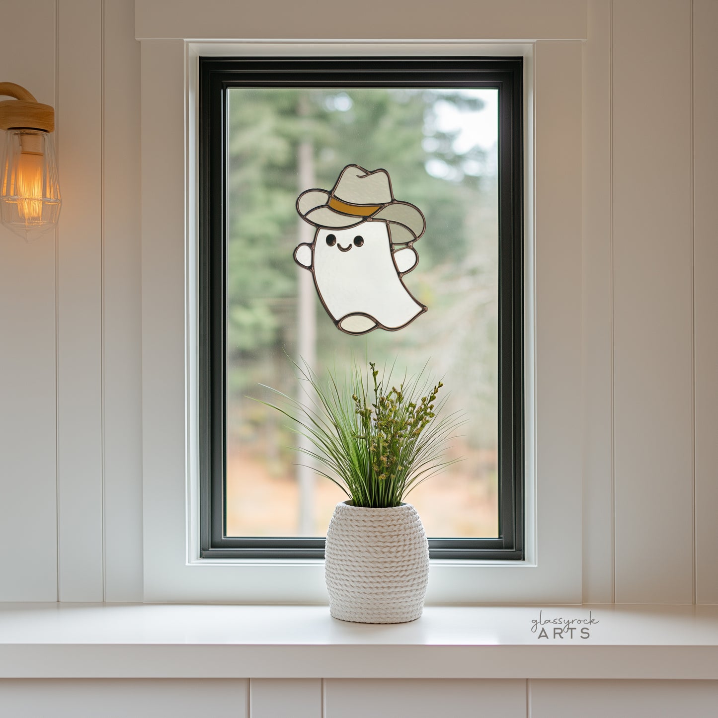 Cute Cowboy Ghost Stained Glass Pattern and PNG
