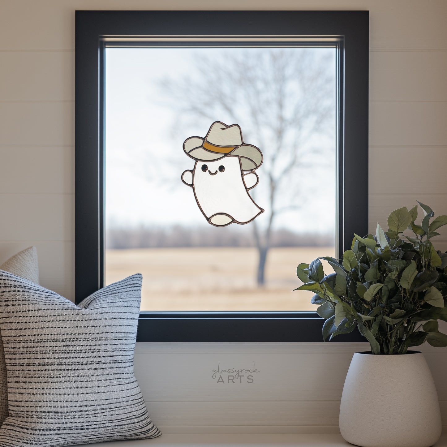 Cute Cowboy Ghost Stained Glass Pattern and PNG