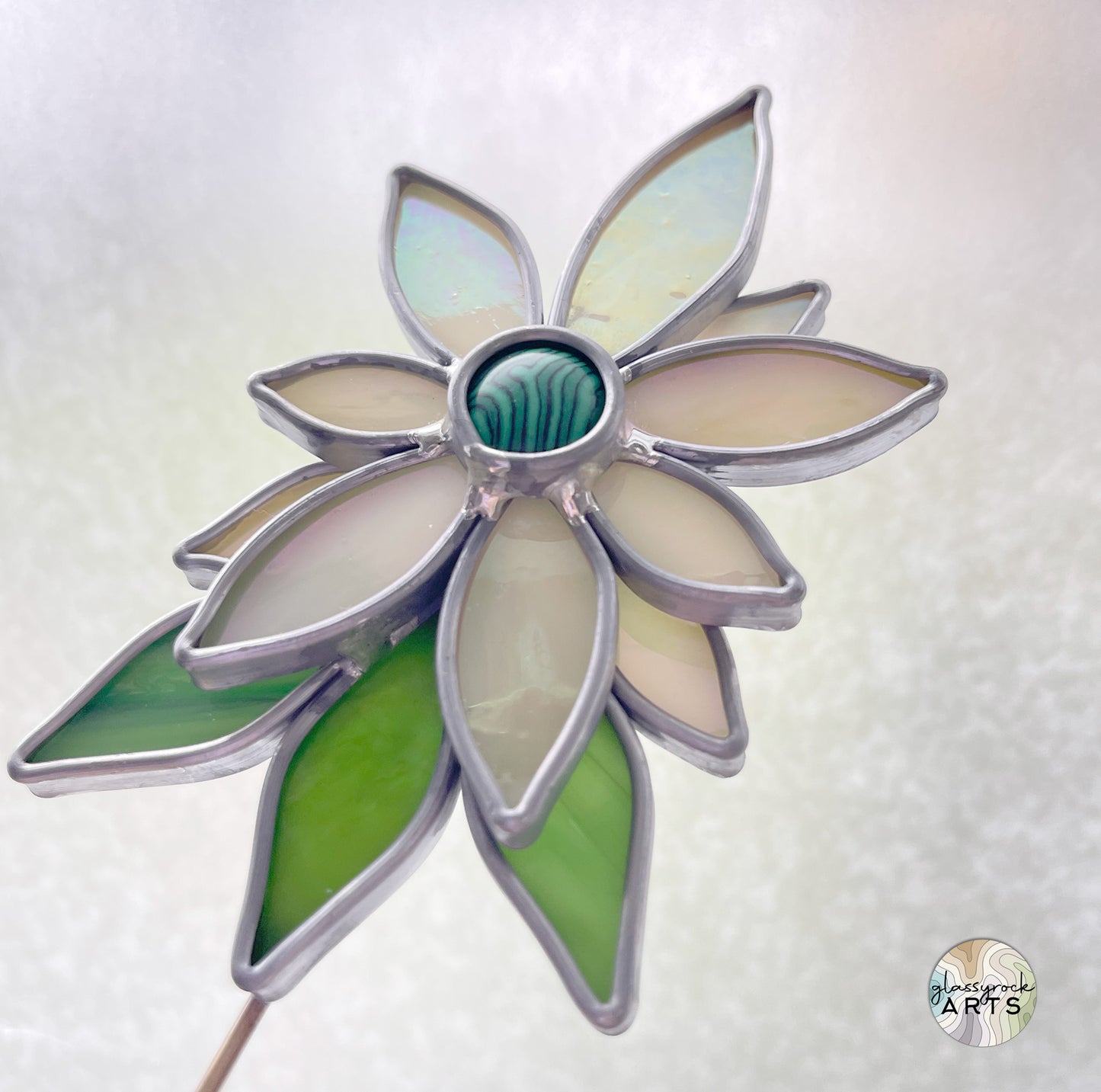 Handmade Stained Glass Flower and Gemstone Plant Stake - Gemstones