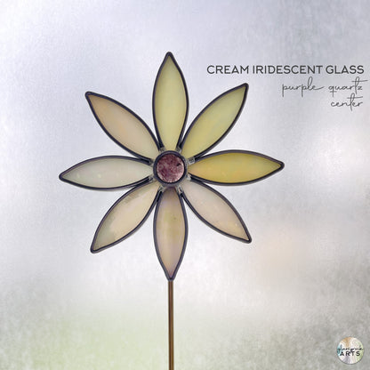 Handmade Stained Glass Flower and Gemstone Plant Stake - Quartz Center