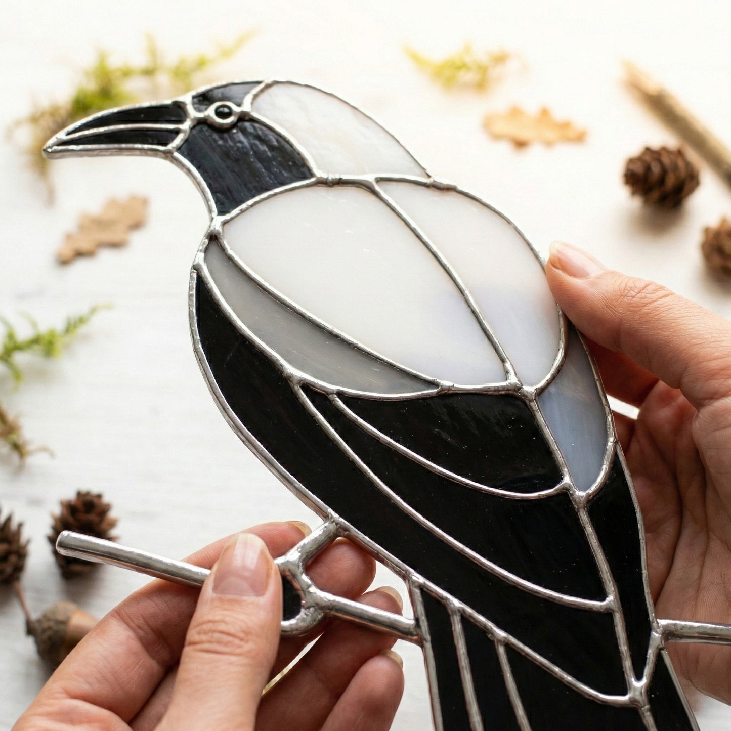 Crow on a Branch Stained Glass Pattern PDF & PNG