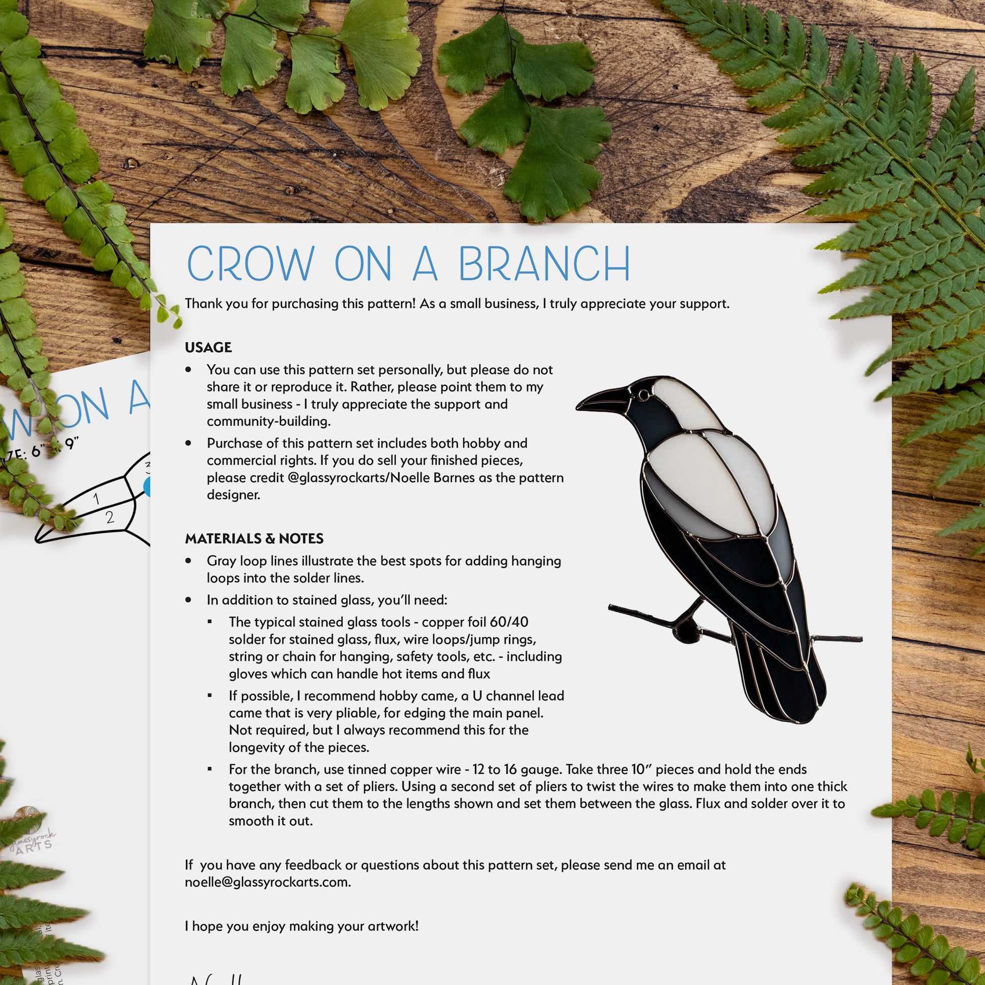 Crow on a Branch Stained Glass Pattern PDF & PNG - Crafting Patterns & Molds from GlassyRock Arts