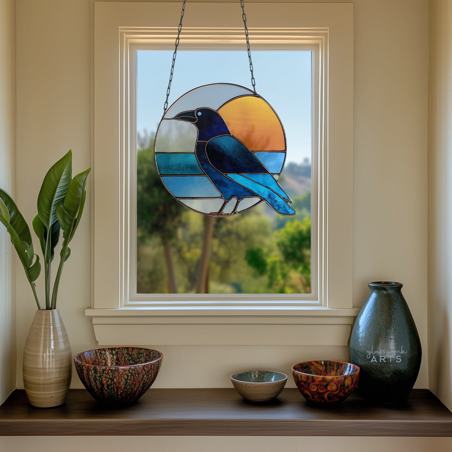 Crow Round Retro Stained Glass Pattern PDF & PNG - Crafting Patterns & Molds from GlassyRock Arts