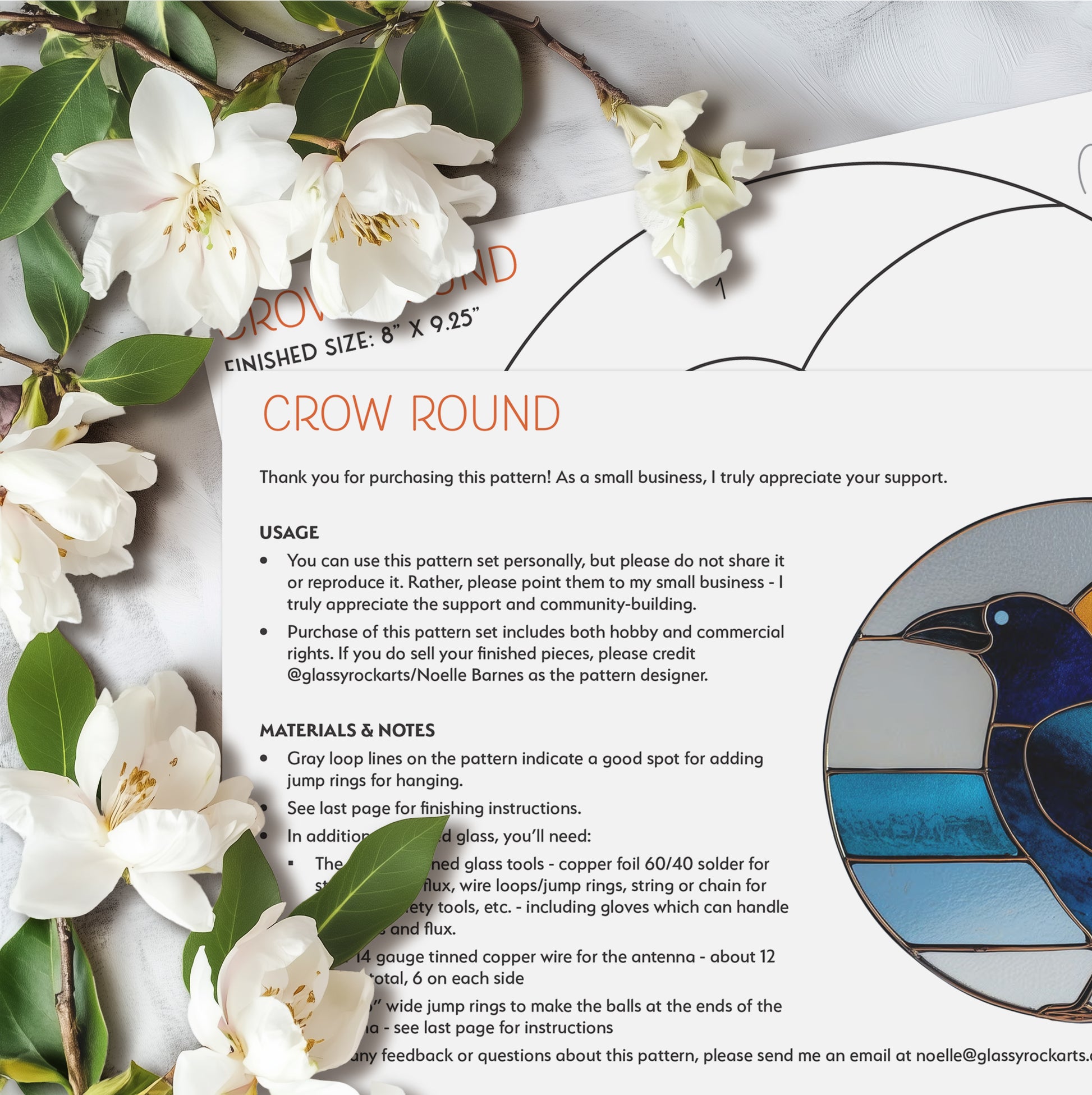 Crow Round Retro Stained Glass Pattern PDF & PNG - Crafting Patterns & Molds from GlassyRock Arts