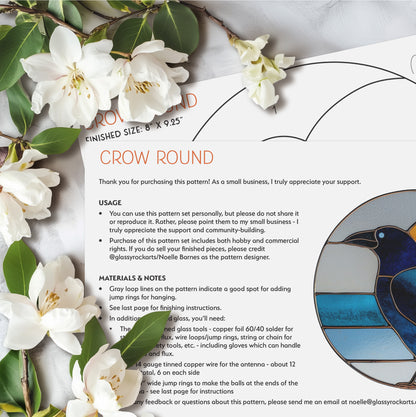 Crow Round Retro Stained Glass Pattern PDF & PNG - Crafting Patterns & Molds from GlassyRock Arts