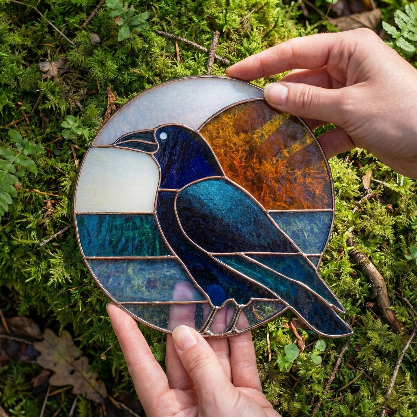 Crow Round Retro Stained Glass Pattern PDF & PNG