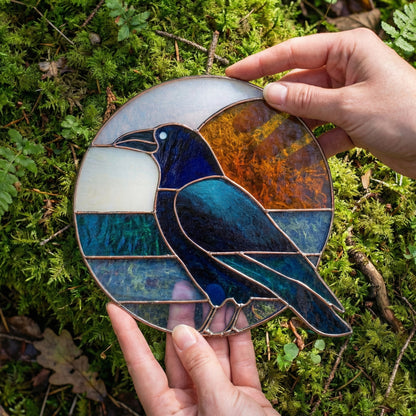 Crow Round Retro Stained Glass Pattern PDF & PNG