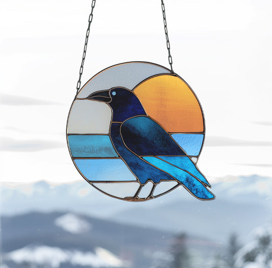 Crow Round Retro Stained Glass Pattern PDF & PNG