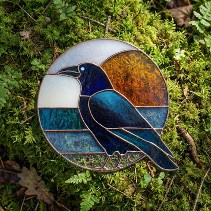 Crow Round Retro Stained Glass Pattern PDF & PNG