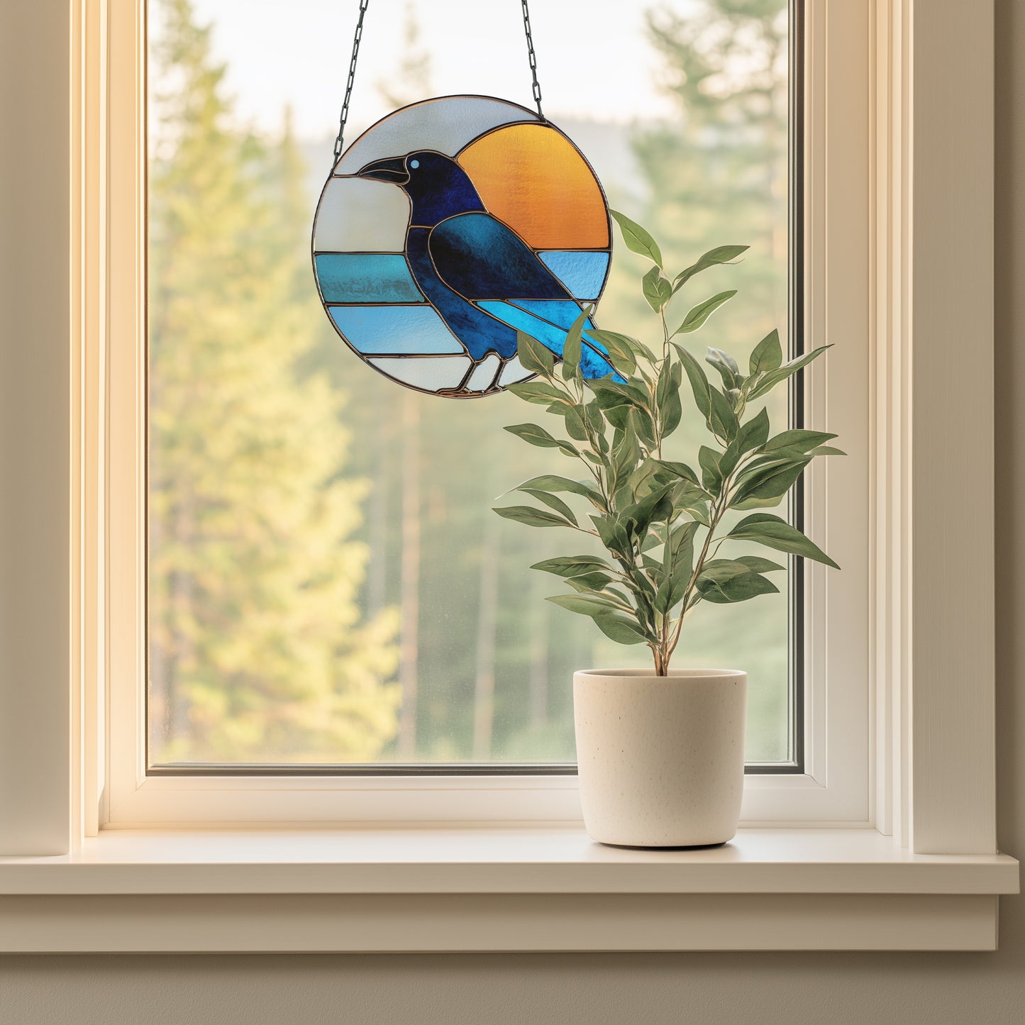 Crow Round Retro Stained Glass Pattern PDF & PNG - Crafting Patterns & Molds from GlassyRock Arts