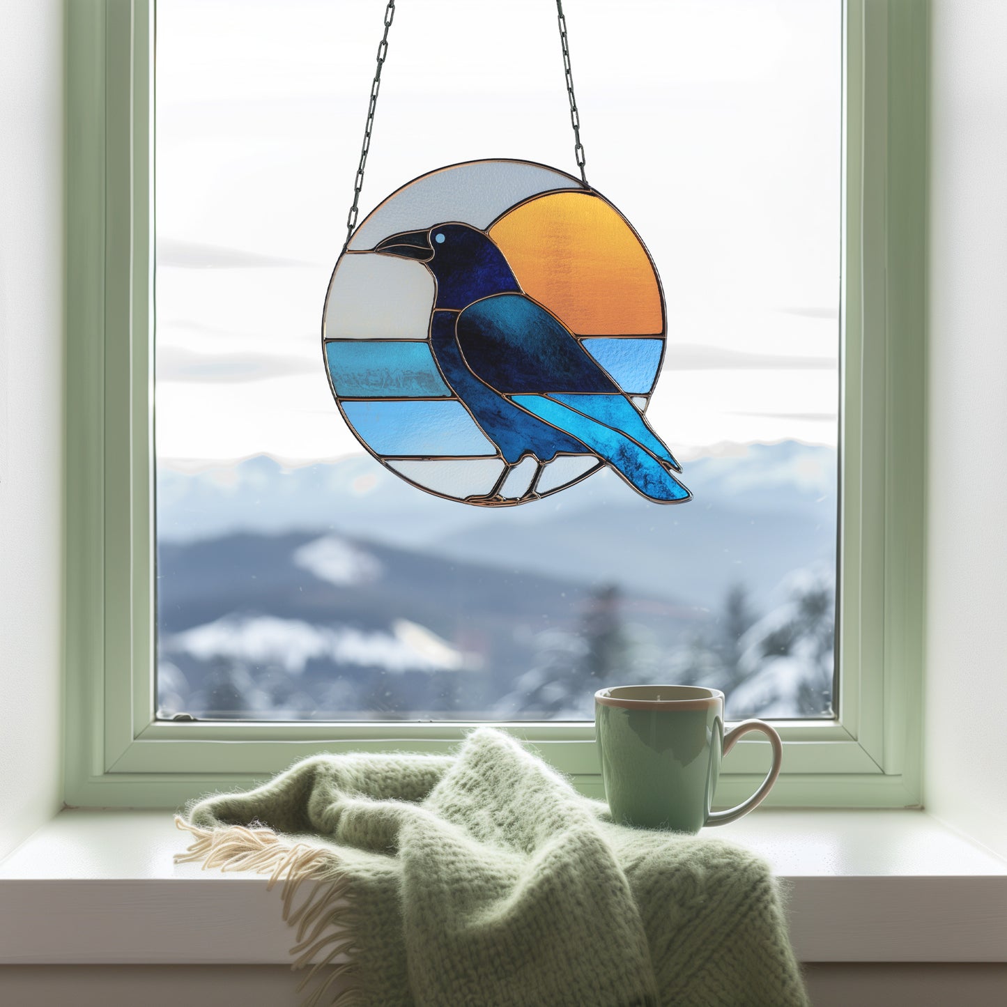Crow Round Retro Stained Glass Pattern PDF & PNG - Crafting Patterns & Molds from GlassyRock Arts