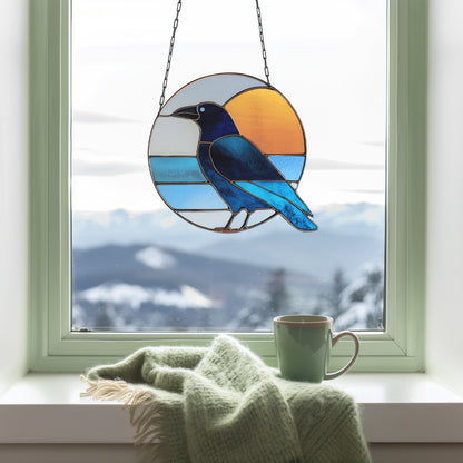Crow Round Retro Stained Glass Pattern PDF & PNG - Crafting Patterns & Molds from GlassyRock Arts