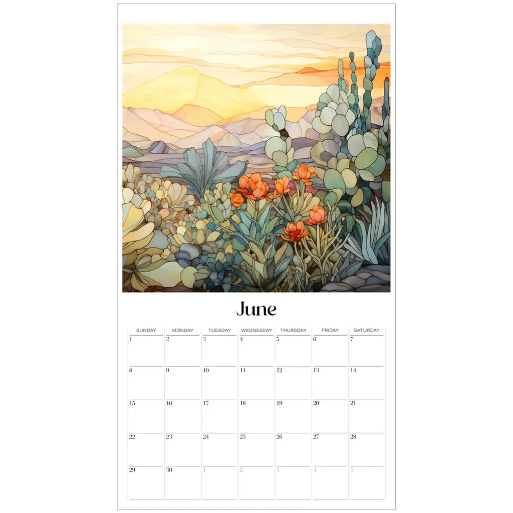 The June page of the 2025 Desert Landscapes Large Wall Calendar features an enchanting desert scene with vibrant wildflowers, cacti, and mountains under a warm golden sky, reminiscent of stained glass in its vivid colors and intricate details.