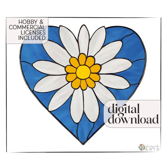 The Daisy Heart Stained Glass Pattern features a white daisy with a yellow center on a blue heart background. Text reads Hobby & Commercial Licenses Included and digital download.