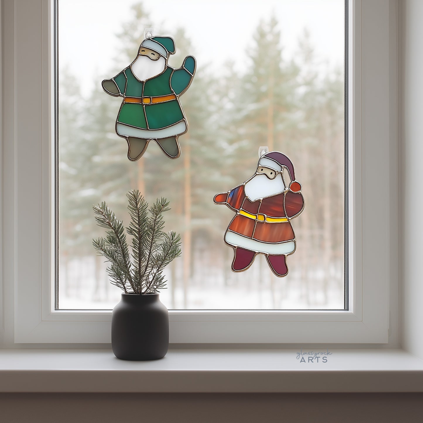 A picture of the Dancing Santas Stained Glass Christmas Ornament Patterns from GlassyRock Arts. 