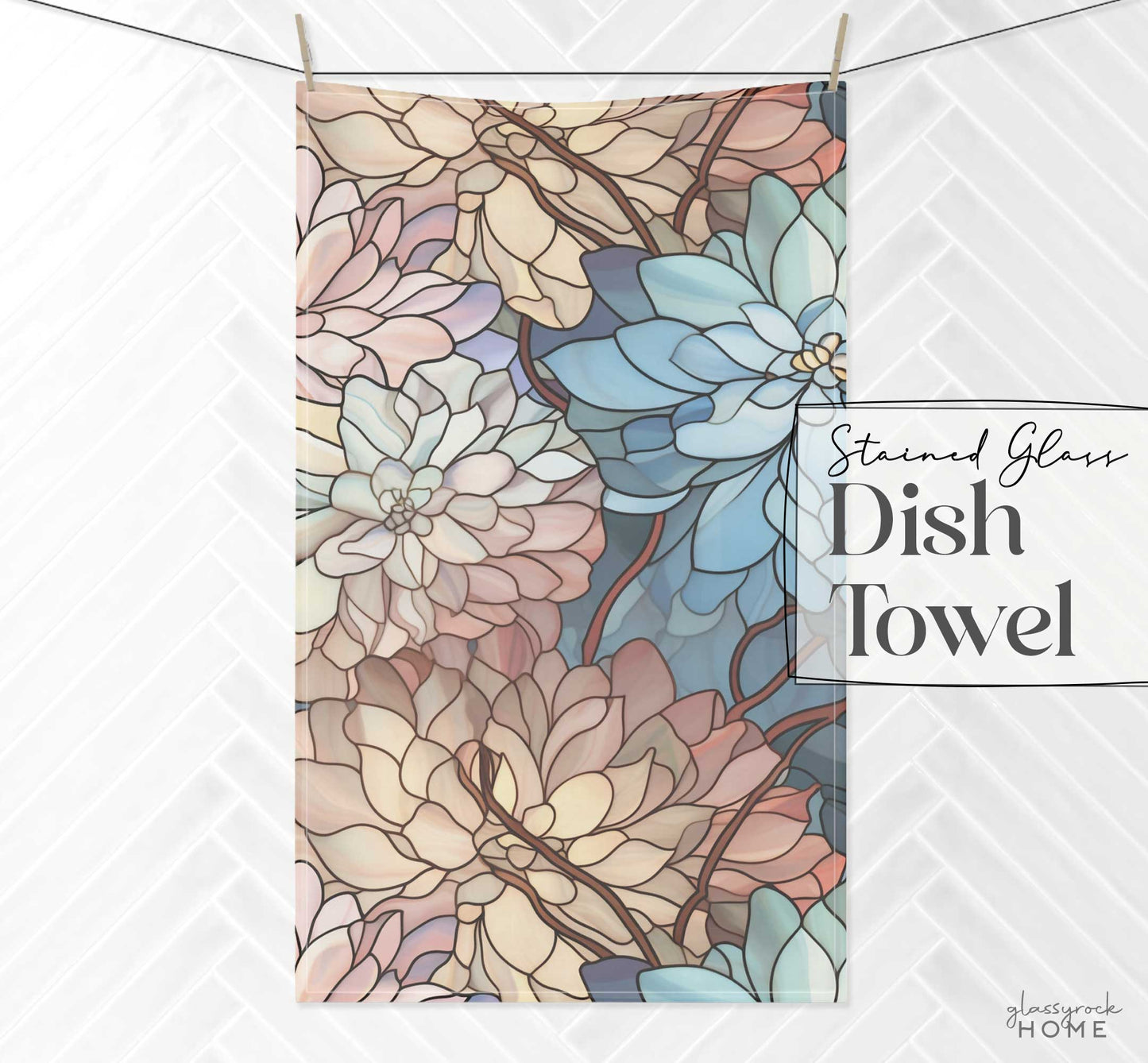 An ideal housewarming gift, the Stained Glass Dark Flowers Dish Towel features a stained glass design with large overlapping petals in blue, pink, and beige against white herringbone tiles.