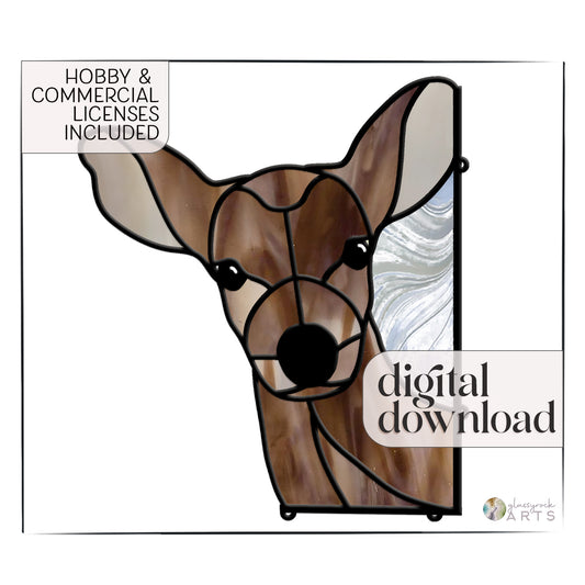 The Deer Buddy Stained Glass Pattern features a deer head in brown and white with a metallic swirl background. Includes text: Hobby & Commercial Licenses Included and Digital Pattern Download. Logo at bottom right.