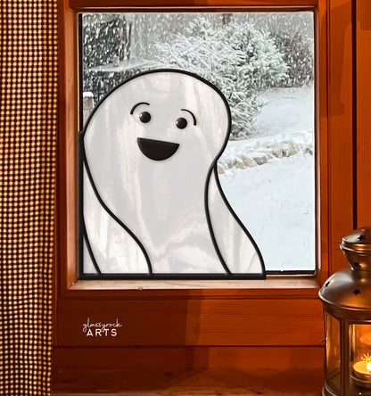 A picture of the Delighted Ghost Buddy Halloween Stained Glass Pattern from GlassyRock Arts. 