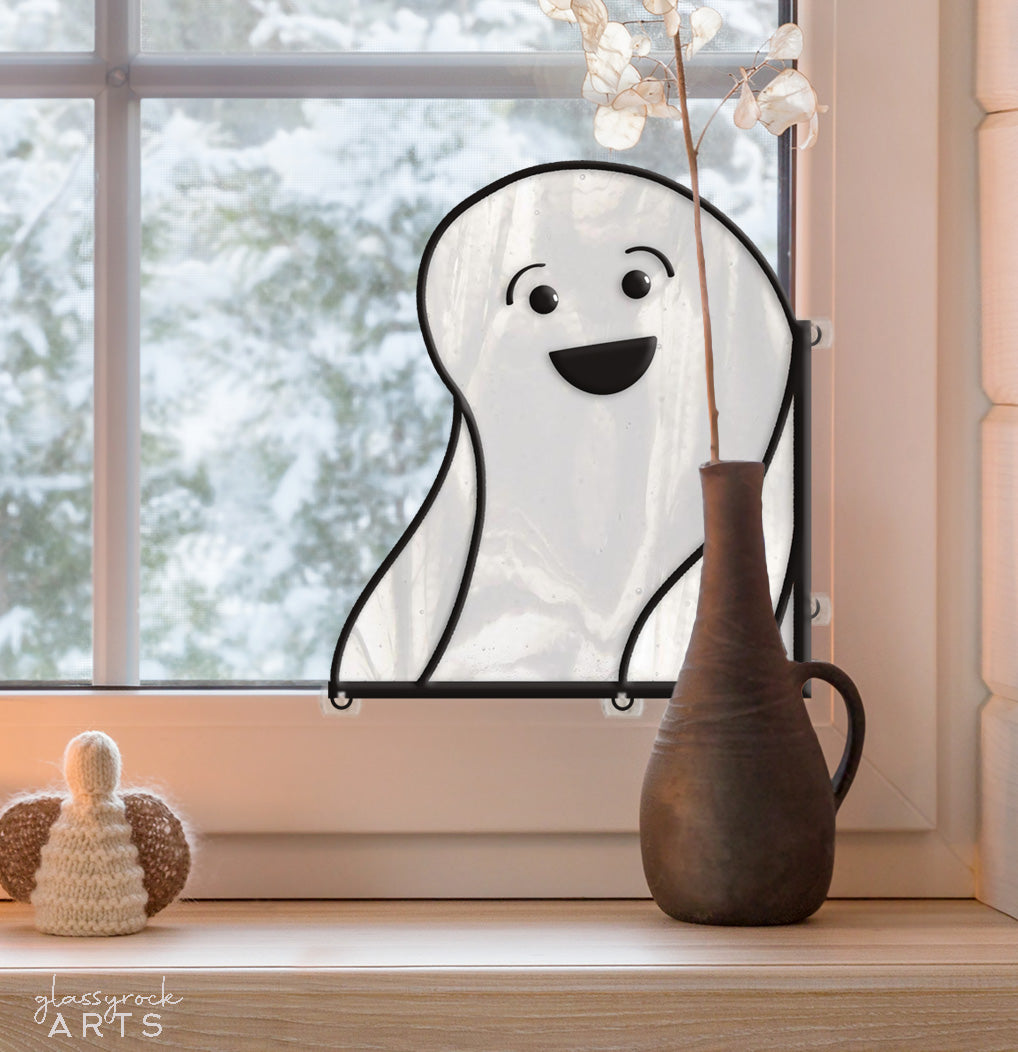 A picture of the Delighted Ghost Buddy Halloween Stained Glass Pattern from GlassyRock Arts. 