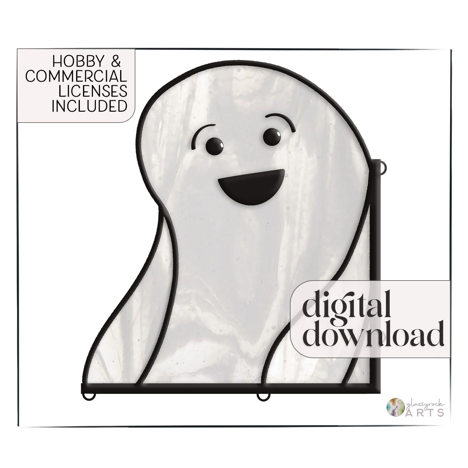 A picture of the Delighted Ghost Buddy Halloween Stained Glass Pattern from GlassyRock Arts. 