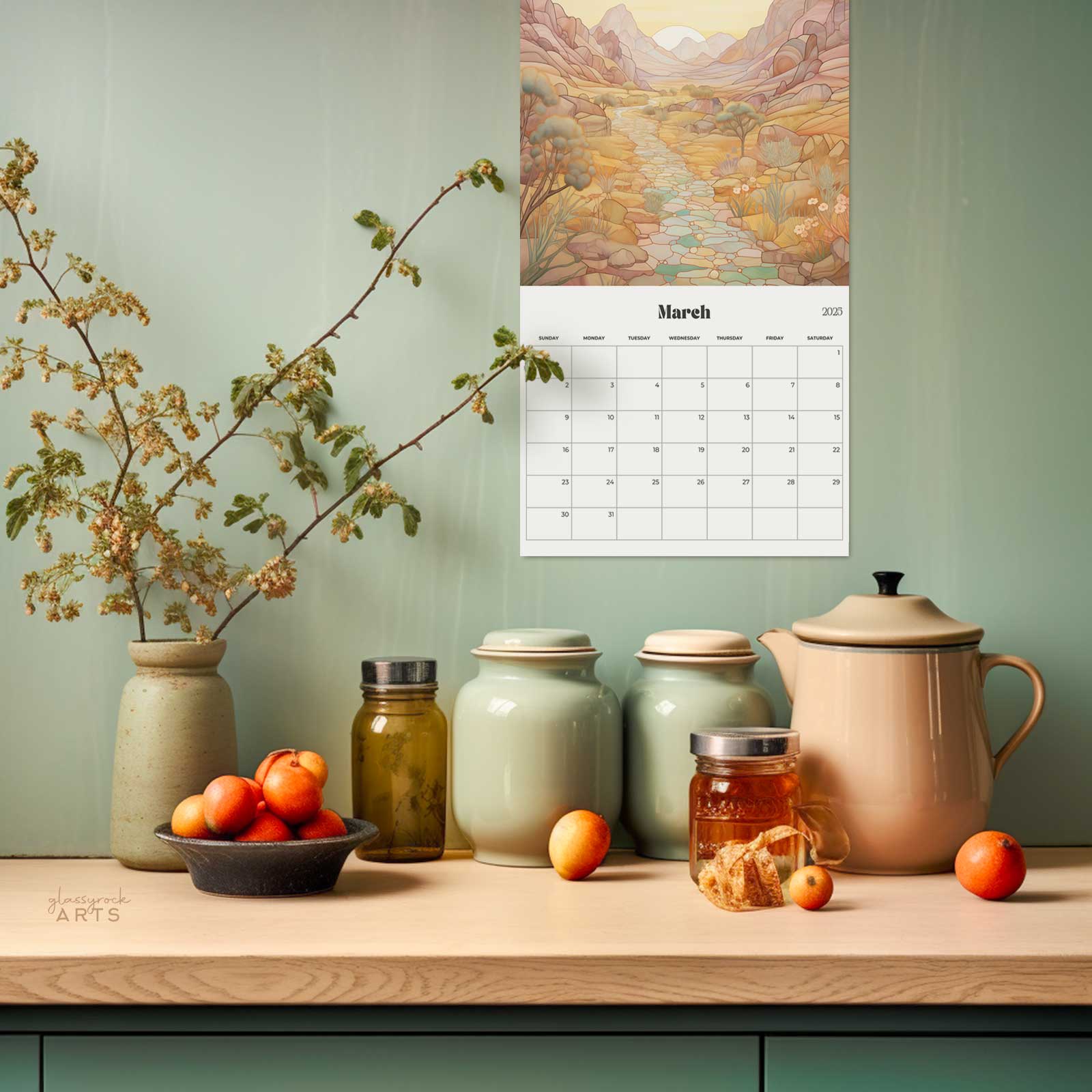 A picture of the 2024-2025 Mid-Year Calendar - Desert Southwest Large Wall Calendar from GlassyRock Arts. 