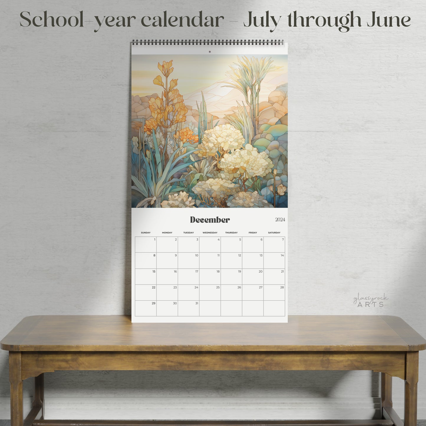 A picture of the 2024-2025 Mid-Year Calendar - Desert Southwest Large Wall Calendar from GlassyRock Arts. 