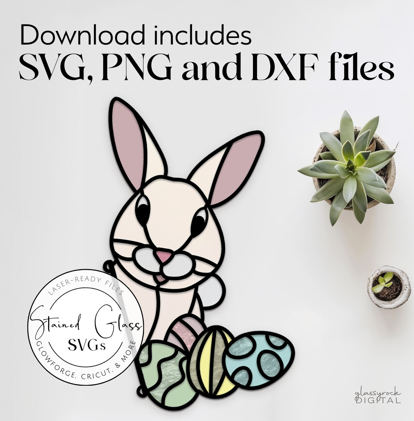 Stained Glass Easter Bunny, Files for Laser Cutting, SVG, PNG, DXF