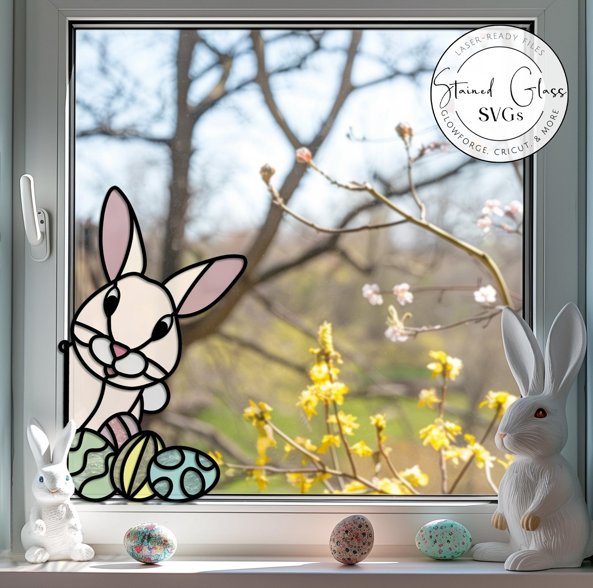 A picture of the Stained Glass Easter Bunny, Files for Laser Cutting, SVG, PNG, DXF from GlassyRock Arts. 