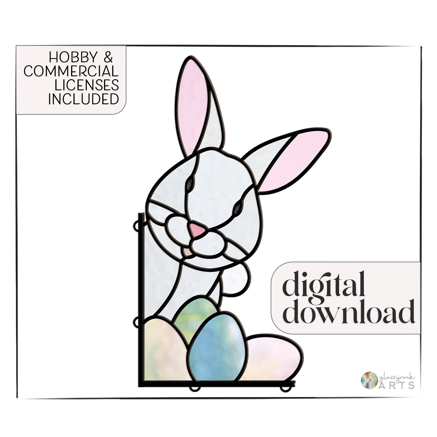 Easter Bunny Stained Glass Rabbit Pattern shows a stained glass-style illustration of an Easter bunny with pink ears holding colorful eggs. Text reads Hobby & Commercial Licenses Included and digital pattern download.