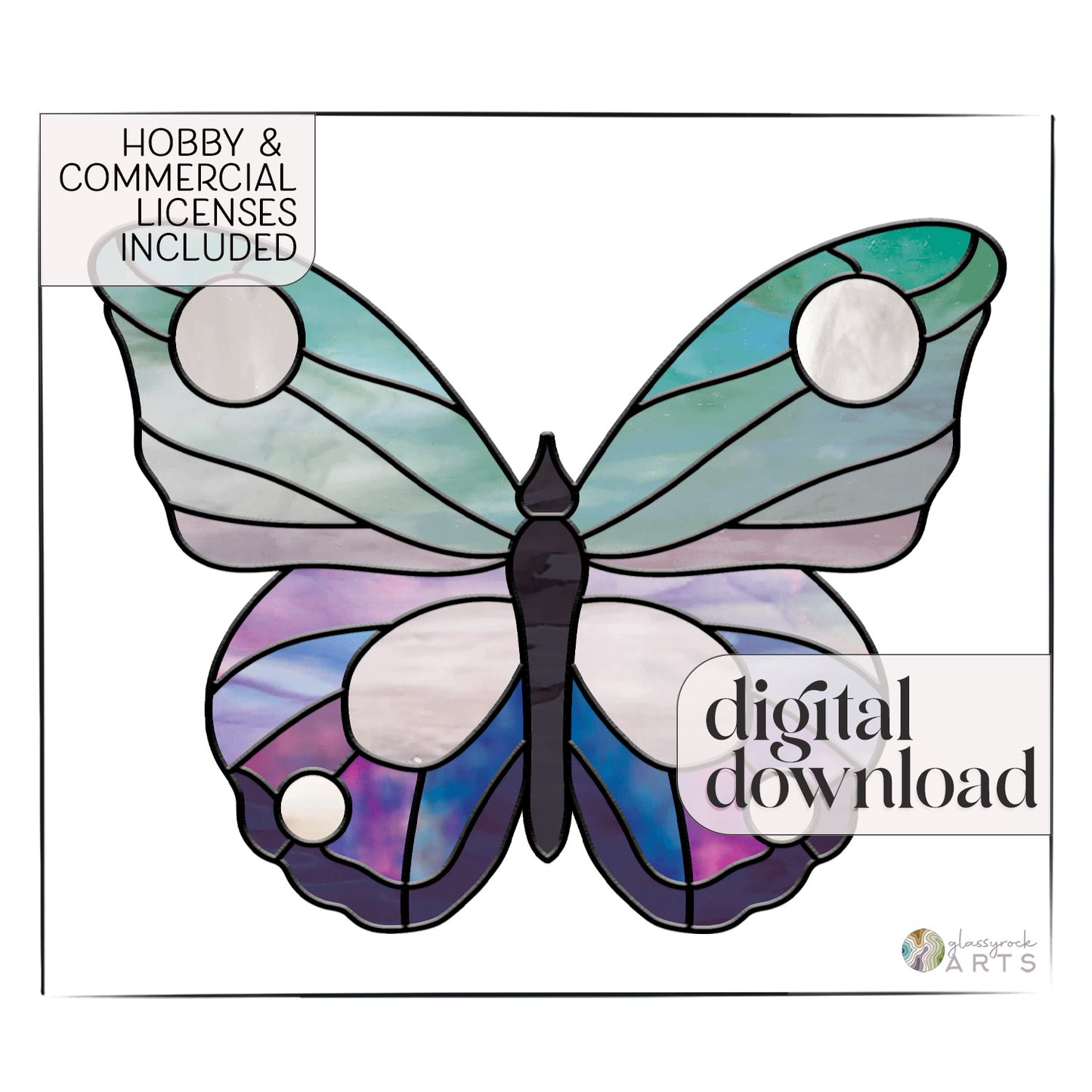 The Elegant Butterfly Stained Glass Pattern features a butterfly with blue and purple stained glass wings, adorned with round white accents. It includes both hobby and commercial licenses, is available as a digital download, and suits intermediate skill levels—ideal for crafting your own masterpiece!.