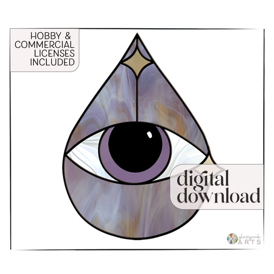 A digital illustration named Eye Stained Glass Pattern Rain Drop features an eye in a teardrop with purple and gray hues. Text states Hobby & Commercial Licenses Included, and displays a small logo in the corner.