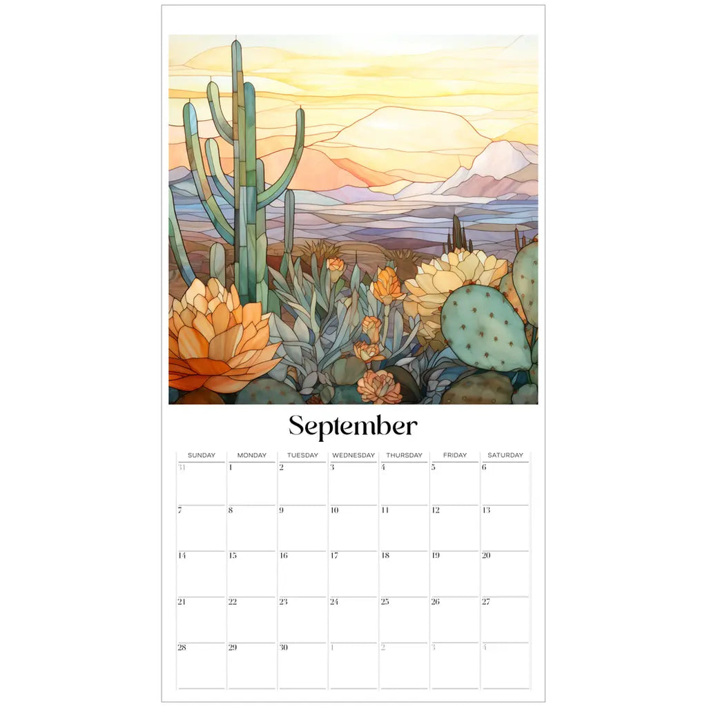 Septembers page from the 2025 Desert Landscapes Large Wall Calendar showcases a desert scene with cacti, orange flowers, and a mountainous sunset, featuring botanical illustrations and a grid layout displaying the days of the month.