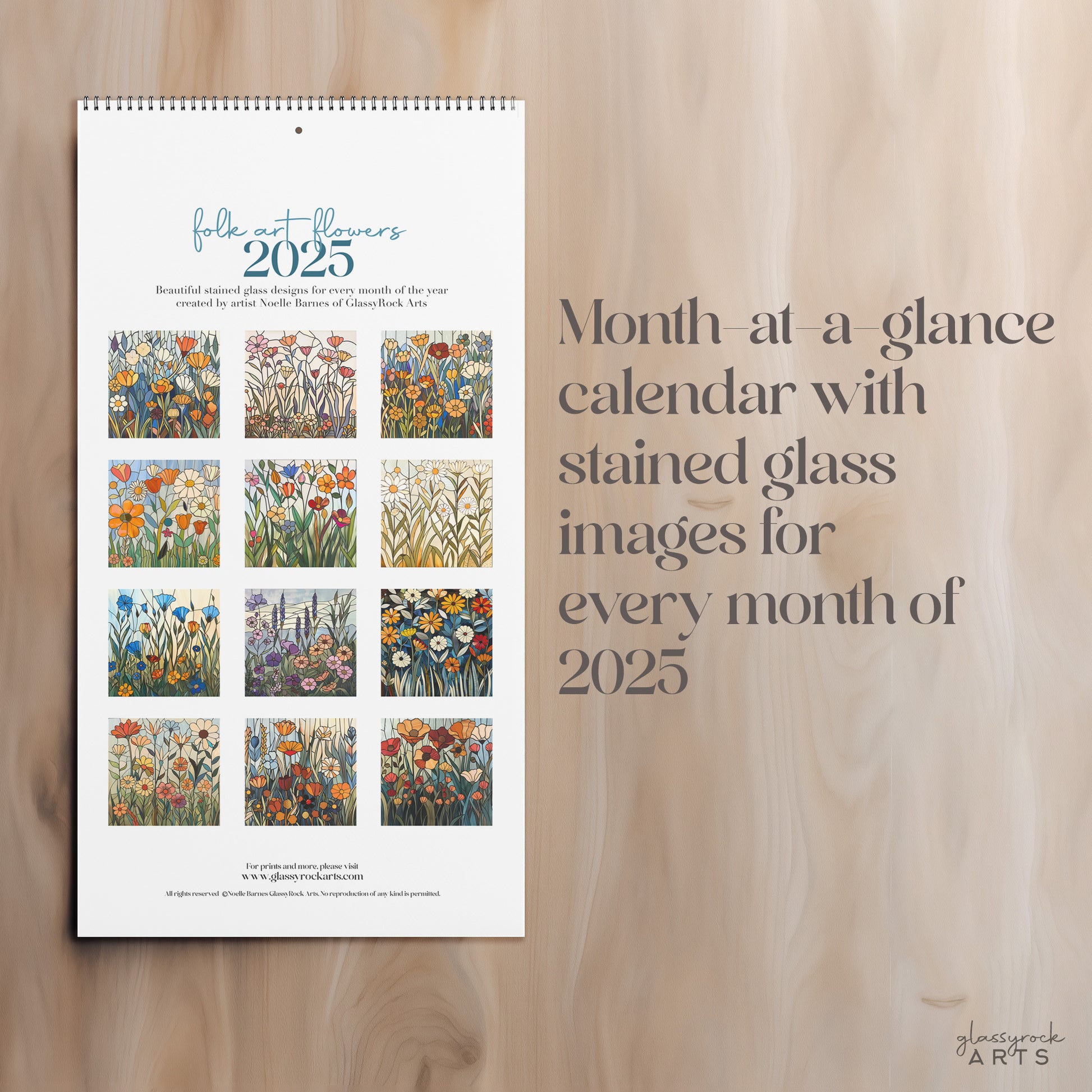 A picture of the 2025 Calendar: Folk Art Stained Glass Flowers from GlassyRock Arts. 