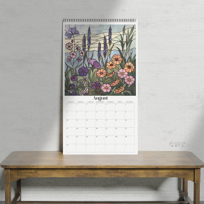 A picture of the 2025 Calendar: Folk Art Stained Glass Flowers from GlassyRock Arts. 