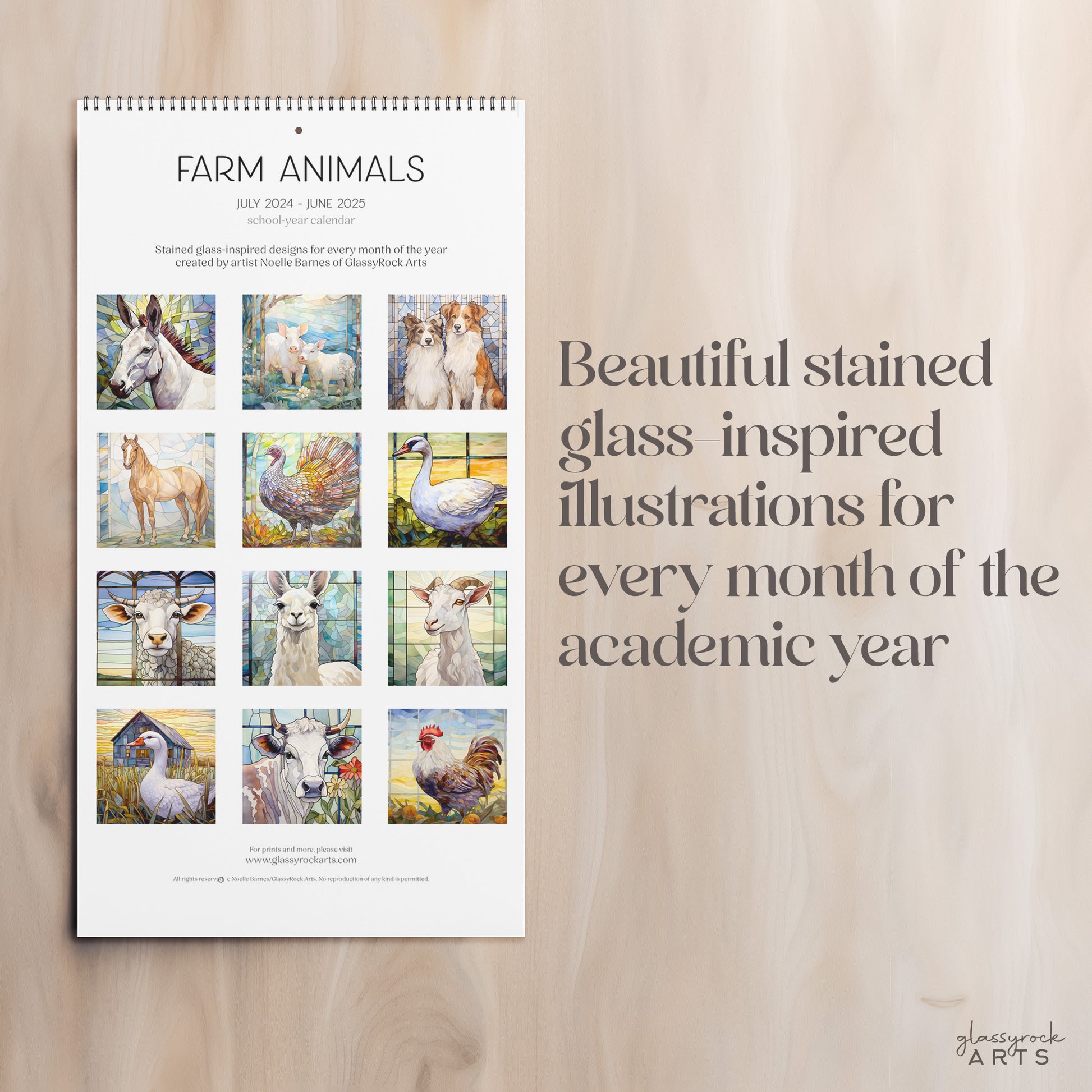 A picture of the 2024-2025 Mid-Year Calendar - Farm Animals Large Wall Calendar from GlassyRock Arts. 