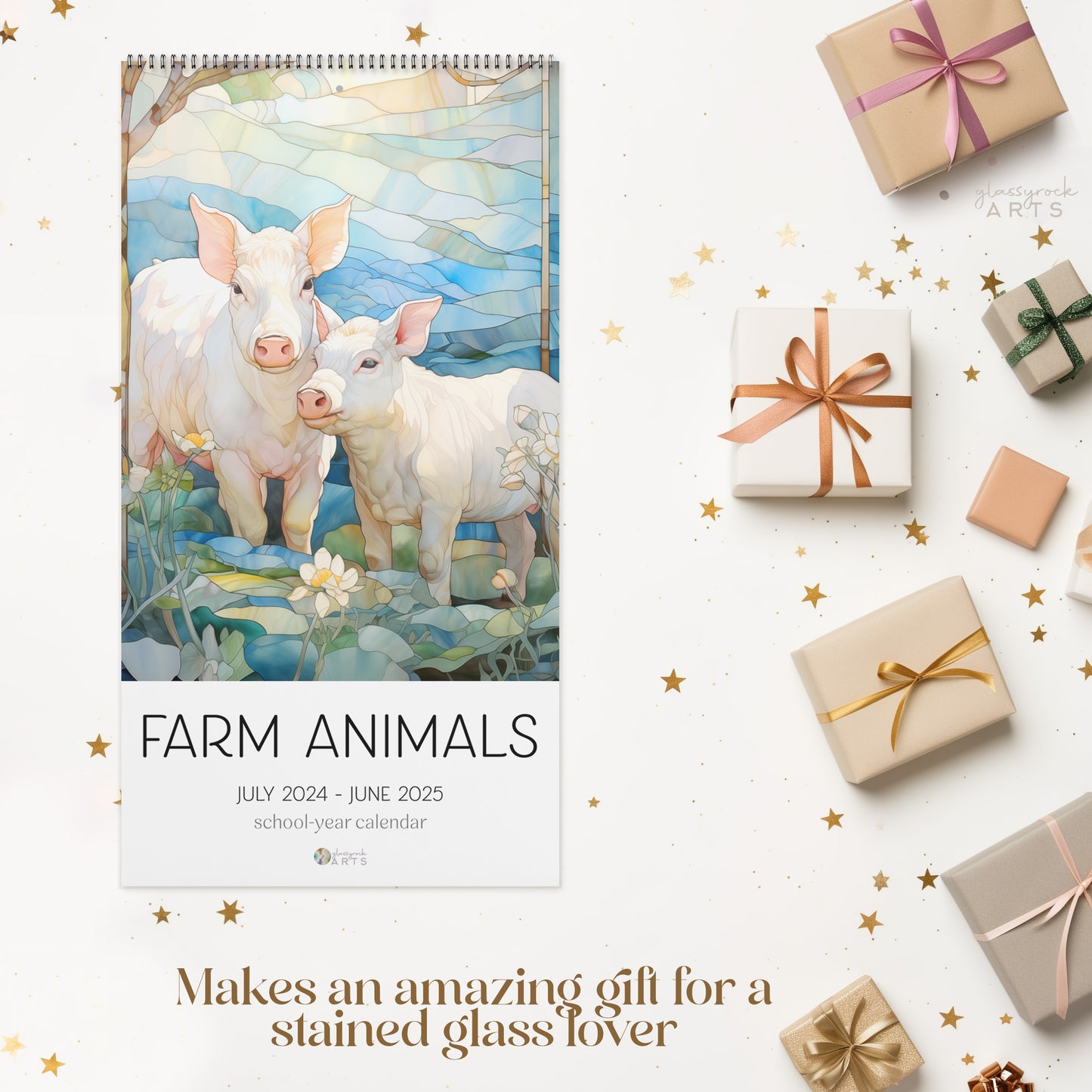 A picture of the 2024-2025 Mid-Year Calendar - Farm Animals Large Wall Calendar from GlassyRock Arts. 