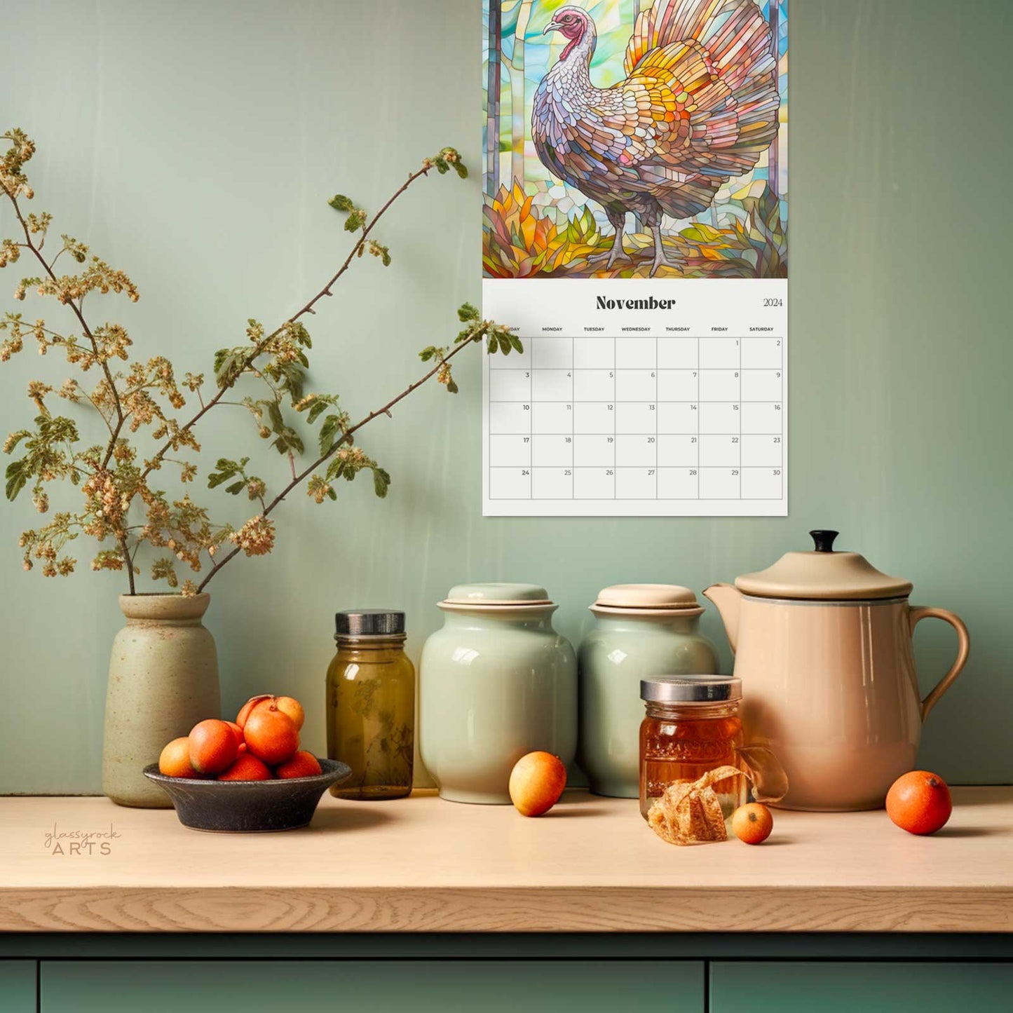 A picture of the 2024-2025 Mid-Year Calendar - Farm Animals Large Wall Calendar from GlassyRock Arts. 