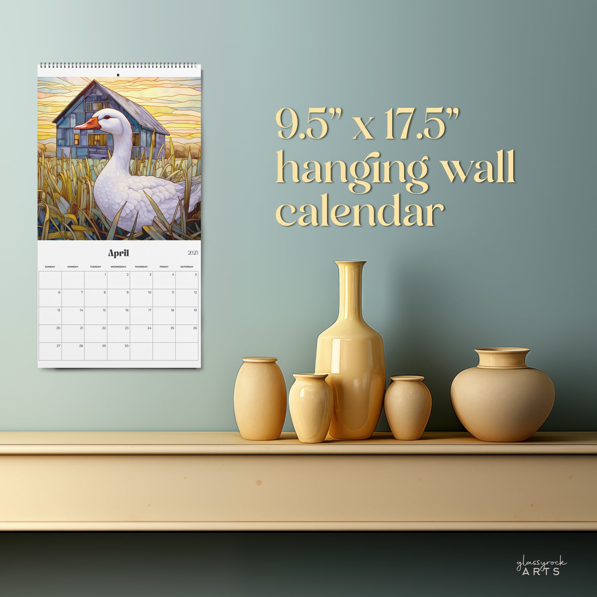 A picture of the 2024-2025 Mid-Year Calendar - Farm Animals Large Wall Calendar from GlassyRock Arts. 