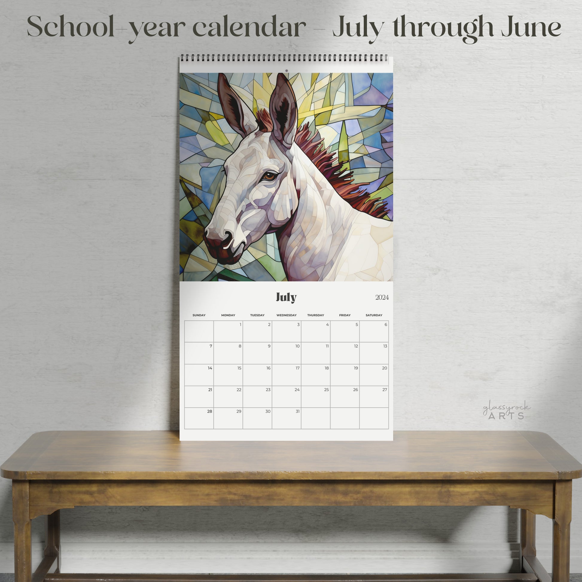 A picture of the 2024-2025 Mid-Year Calendar - Farm Animals Large Wall Calendar from GlassyRock Arts. 