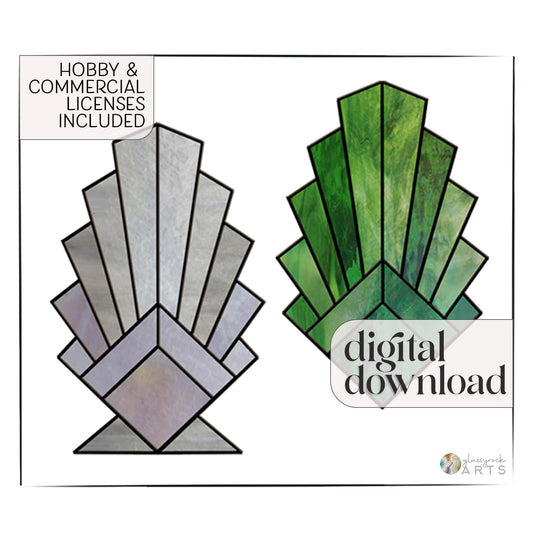 The Beginner Leaf or Feather Stained Glass Pattern showcases two Art Deco-style designs: one in gray shades, the other in green. It includes Hobby & Commercial Licenses for digital download, making it ideal for enthusiasts and ready for commercial use.