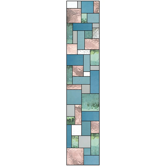 The Window for Fiona is a tall, rectangular mosaic featuring geometric shapes in blue, green, white, and pink. The pattern appears random, forming a striking abstract design.
