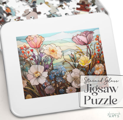 A picture of the Stained Glass Flowers Jigsaw Puzzle - Dusty Rose from GlassyRock Arts. 