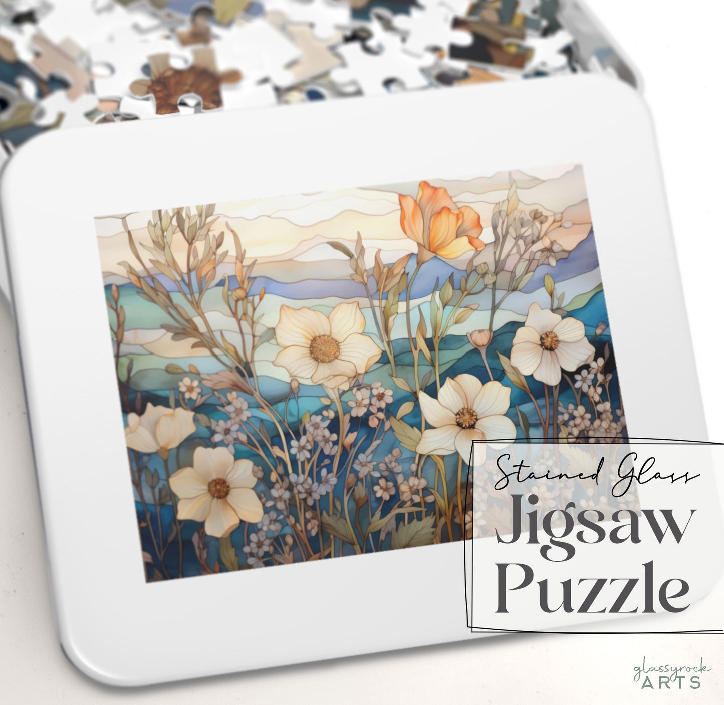 A picture of the Stained Glass Flowers Jigsaw Puzzle - Ivory from GlassyRock Arts. 