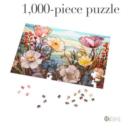 A picture of the Stained Glass Flowers Jigsaw Puzzle - Dusty Rose from GlassyRock Arts. 