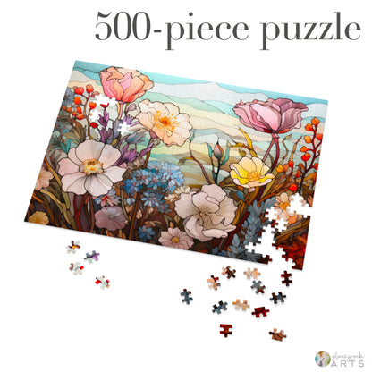 A picture of the Stained Glass Flowers Jigsaw Puzzle - Dusty Rose from GlassyRock Arts. 