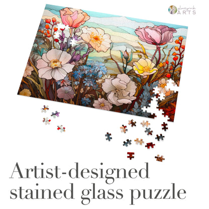 A picture of the Stained Glass Flowers Jigsaw Puzzle - Dusty Rose from GlassyRock Arts. 